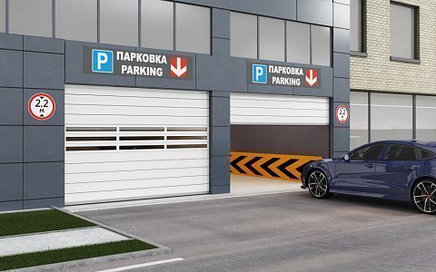Скоростные секционные ворота из алюминиевых сэндвич-панелей с торсионным механизмом серии isd01-parking